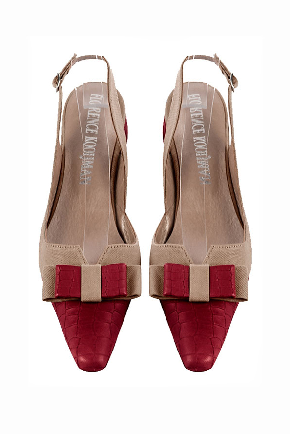 Cardinal red and tan beige women's open back shoes, with a knot. Tapered toe. Flat block heels. Top view - Florence KOOIJMAN